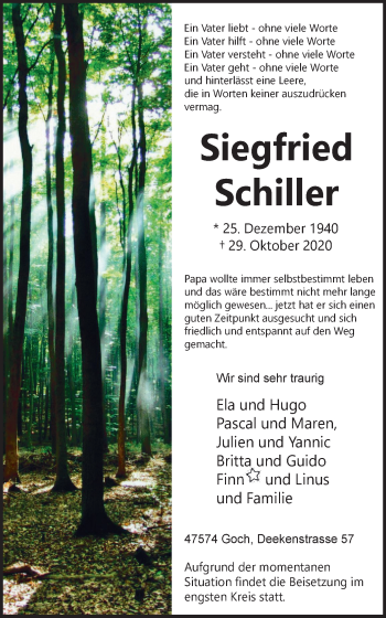 Traueranzeige von Siegfried Schiller von WVW Anzeigenblätter