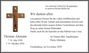 Traueranzeige von Thomas Altmann von WVW Anzeigenblätter