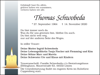 Traueranzeige von Thomas Schwobeia von WVW Anzeigenblätter