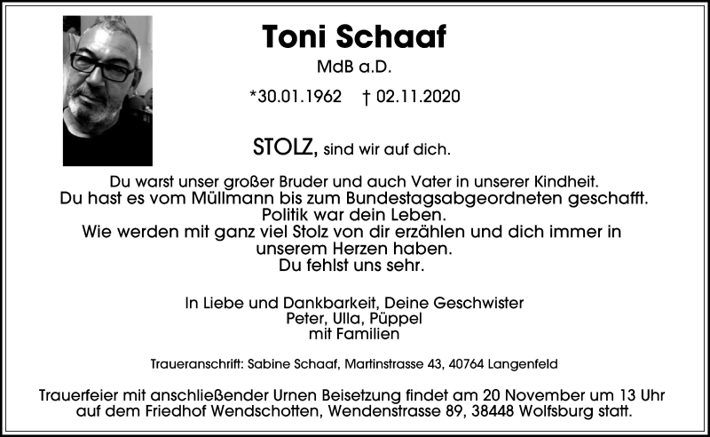  Traueranzeige für Toni Schaaf vom 14.11.2020 aus WVW Anzeigenblätter