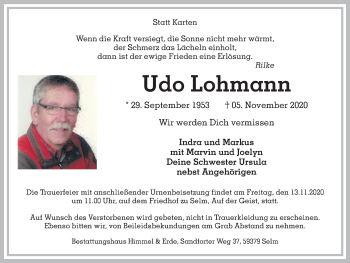 Traueranzeige von Udo Lohmann von WVW Anzeigenblätter
