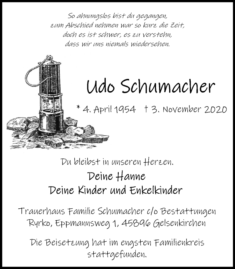  Traueranzeige für Udo Schumacher vom 11.11.2020 aus WVW Anzeigenblätter