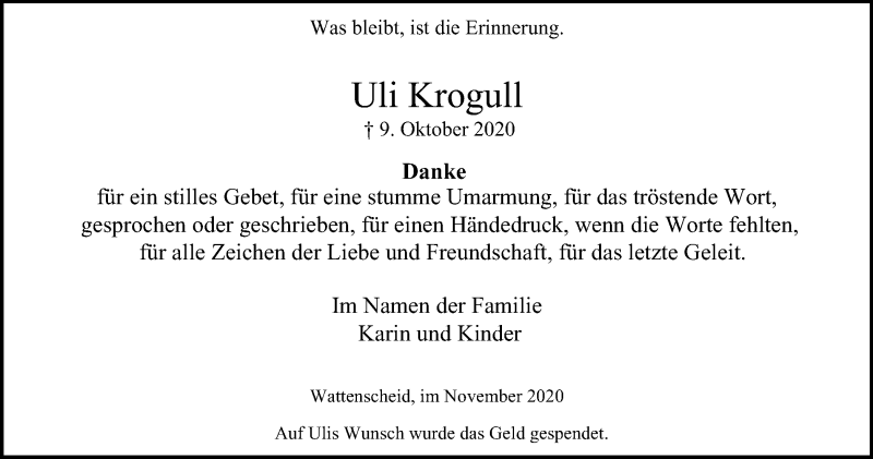  Traueranzeige für Uli Krogull vom 14.11.2020 aus WVW Anzeigenblätter