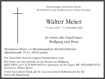 Traueranzeige von Walter Meier von WVW Anzeigenblätter