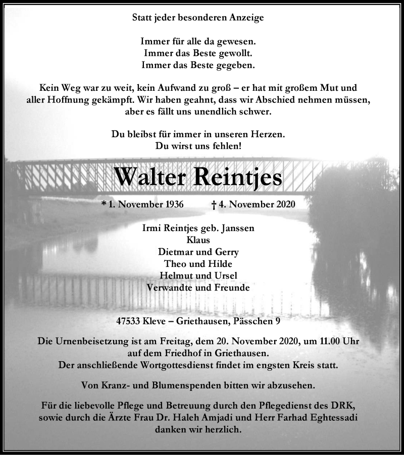  Traueranzeige für Walter Reintjes vom 11.11.2020 aus WVW Anzeigenblätter