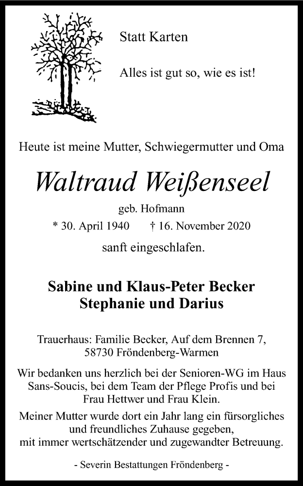  Traueranzeige für Waltraud Weißenseel vom 18.11.2020 aus WVW Anzeigenblätter