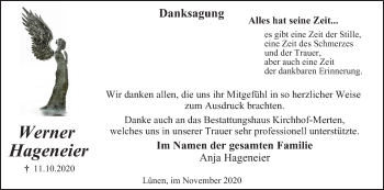 Traueranzeige von Werner Hageneier von WVW Anzeigenblätter