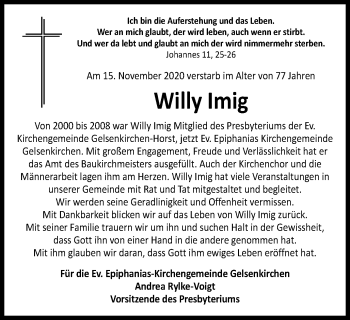 Traueranzeige von Willy Imig von WVW Anzeigenblätter