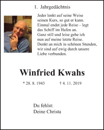 Traueranzeige von Winfried Kwahs von WVW Anzeigenblätter