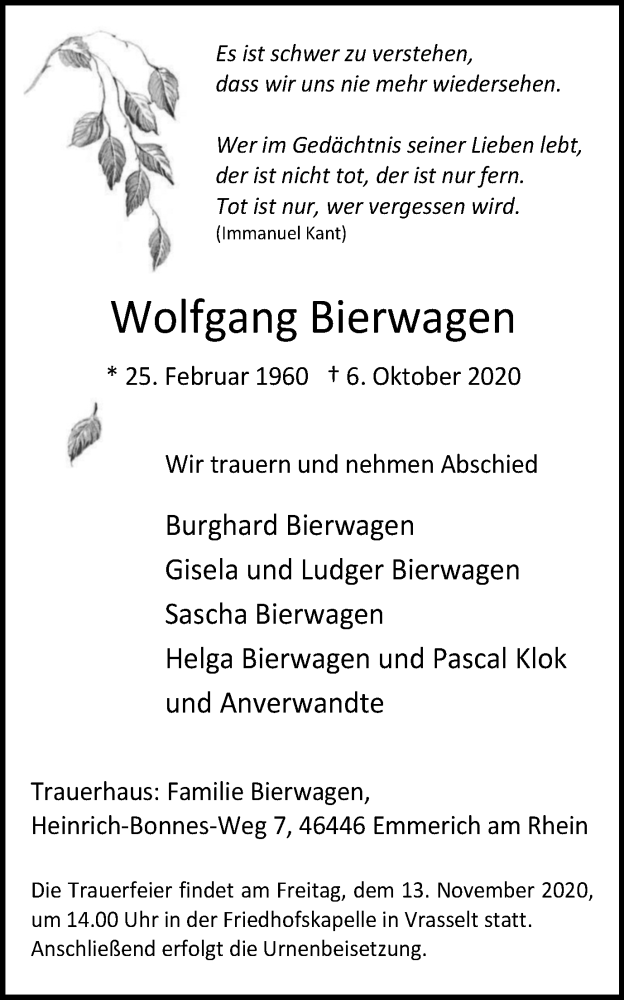  Traueranzeige für Wolfgang Bierwagen vom 11.11.2020 aus WVW Anzeigenblätter