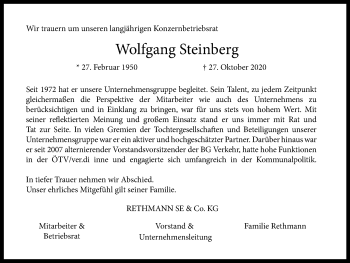 Traueranzeige von Wolfgang Steinberg von WVW Anzeigenblätter