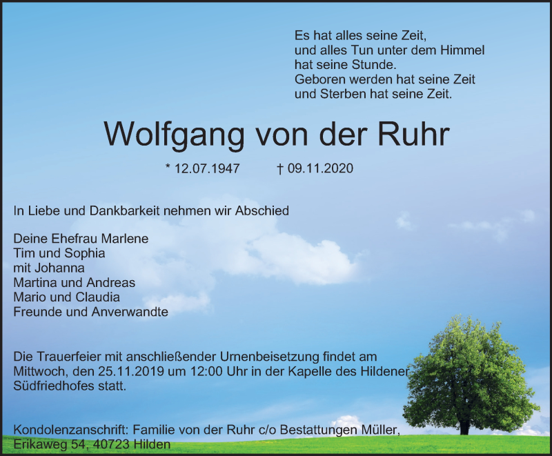  Traueranzeige für Wolfgang von der Ruhr vom 21.11.2020 aus WVW Anzeigenblätter