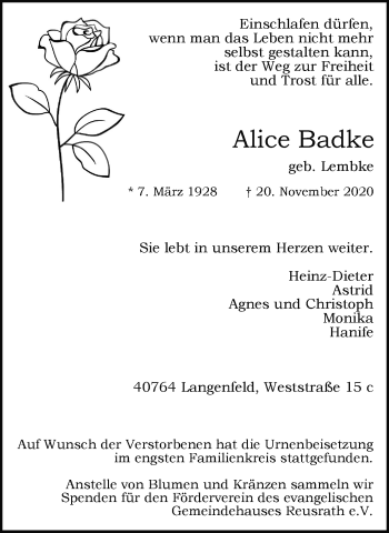 Traueranzeige von Alice Badke von WVW Anzeigenblätter