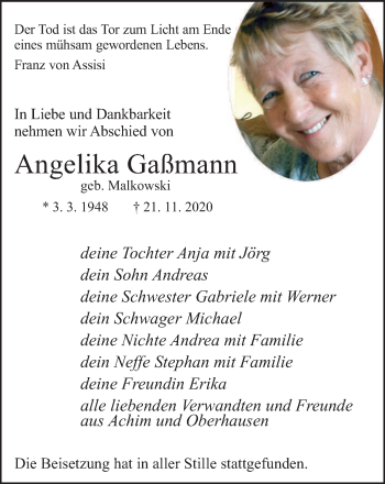 Traueranzeige von Angelika Gaßmann von WVW Anzeigenblätter