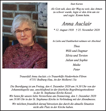 Traueranzeige von Anna Auclair von WVW Anzeigenblätter