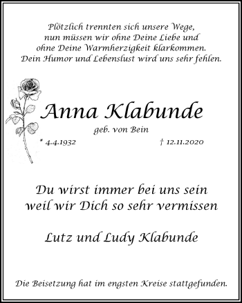 Traueranzeige von Anna Klabunde von WVW Anzeigenblätter