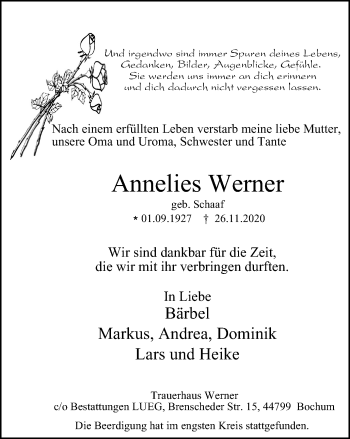 Traueranzeige von Annelies Werner von WVW Anzeigenblätter