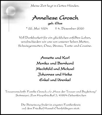 Traueranzeige von Anneliese Grosch von WVW Anzeigenblätter