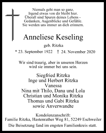 Traueranzeige von Anneliese Keseling von WVW Anzeigenblätter