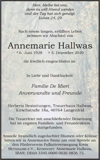 Traueranzeige von Annemarie Hallwas von WVW Anzeigenblätter