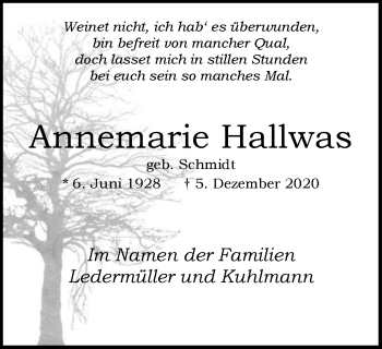 Traueranzeige von Annemarie Hallwas von WVW Anzeigenblätter
