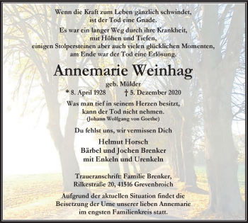 Traueranzeige von Annemarie Weinhag von WVW Anzeigenblätter