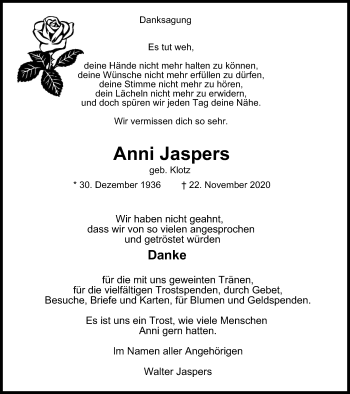 Traueranzeige von Anni Jaspers von WVW Anzeigenblätter