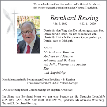 Traueranzeige von Bernhard Ressing von WVW Anzeigenblätter