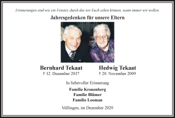 Traueranzeige von Bernhard und Hedwig Tekaat von WVW Anzeigenblätter