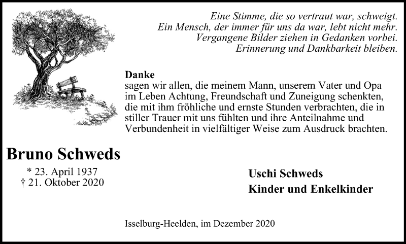  Traueranzeige für Bruno Schweds vom 05.12.2020 aus WVW Anzeigenblätter