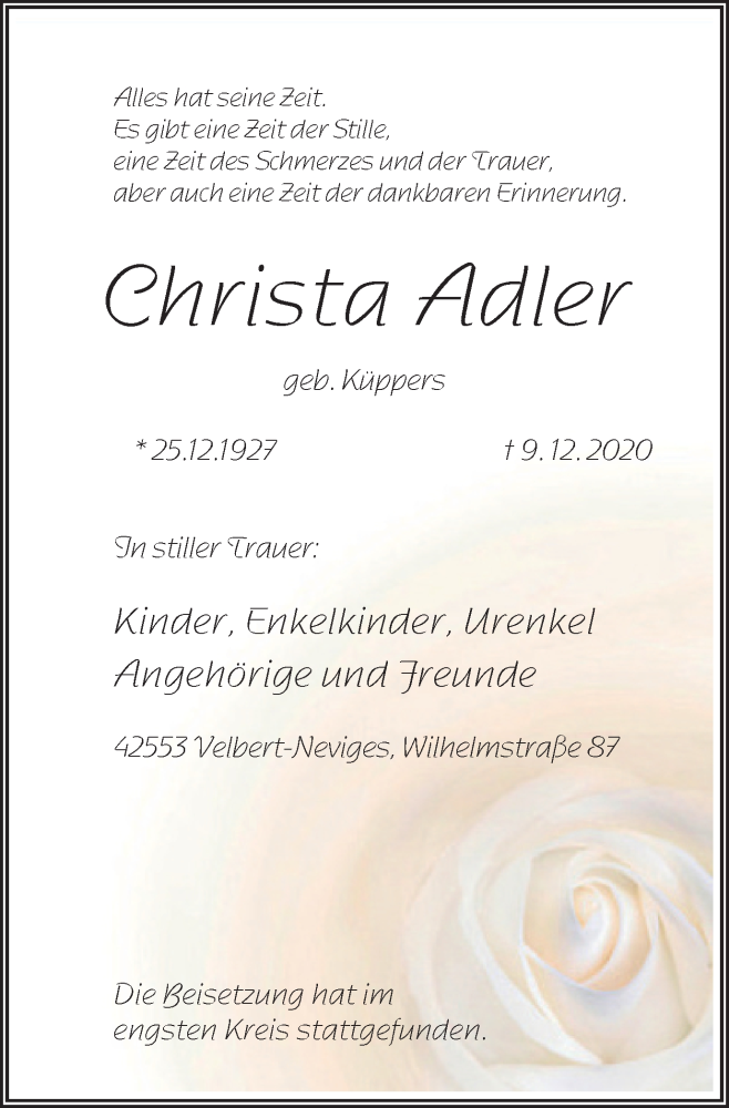  Traueranzeige für Christa Adler vom 16.12.2020 aus WVW Anzeigenblätter