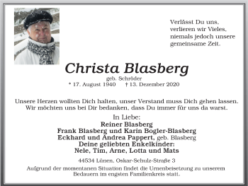 Traueranzeige von Christa Blasberg von WVW Anzeigenblätter