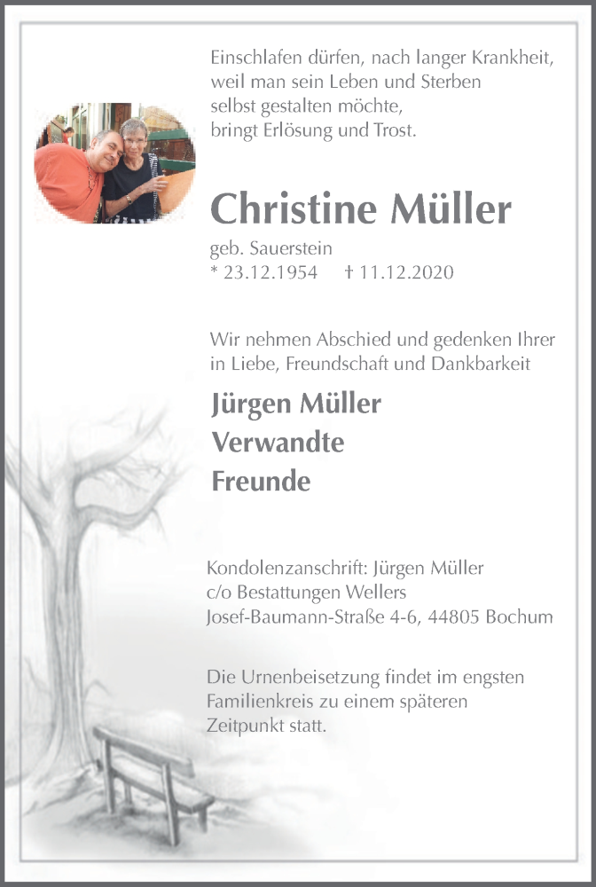  Traueranzeige für Christine Müller vom 19.12.2020 aus WVW Anzeigenblätter
