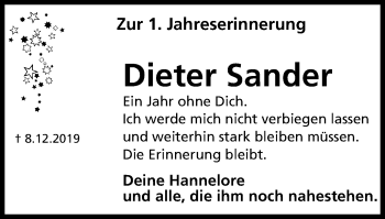 Traueranzeige von Dieter Sander von WVW Anzeigenblätter