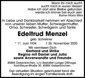 Traueranzeige von Edeltrud Menzel von WVW Anzeigenblätter