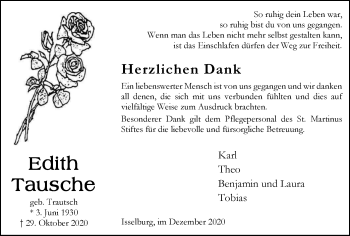 Traueranzeige von Edith Tausche von WVW Anzeigenblätter