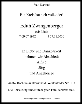 Traueranzeige von Edith Zwingenberger von WVW Anzeigenblätter