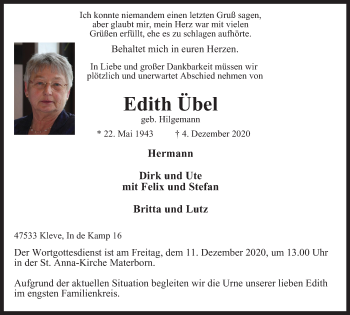 Traueranzeige von Edith Übel von WVW Anzeigenblätter