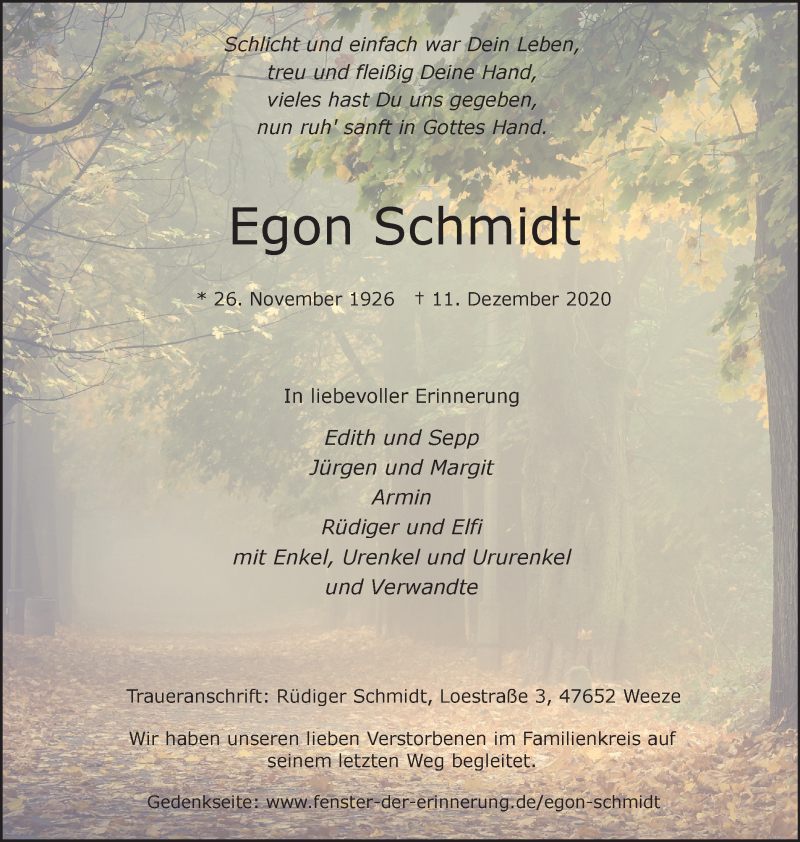  Traueranzeige für Egon Schmidt vom 19.12.2020 aus WVW Anzeigenblätter