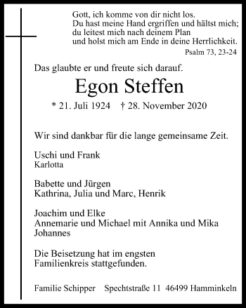 Traueranzeige von Egon Steffen von WVW Anzeigenblätter