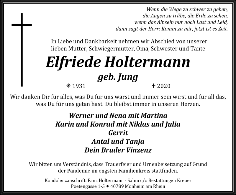  Traueranzeige für Elfriede Holtermann vom 12.12.2020 aus WVW Anzeigenblätter