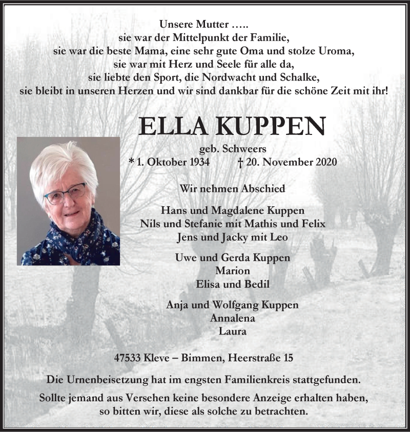  Traueranzeige für Ella Kuppen vom 09.12.2020 aus WVW Anzeigenblätter