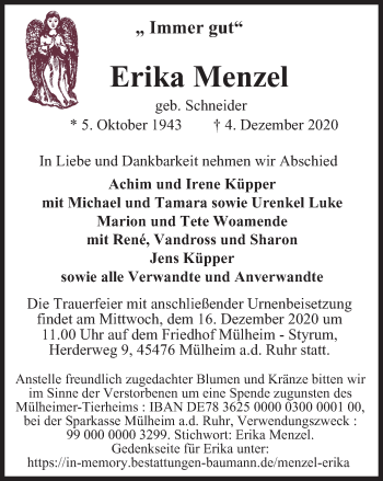 Traueranzeige von Erika Menzel von WVW Anzeigenblätter