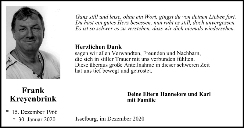  Traueranzeige für Frank Kreyenbrink vom 12.12.2020 aus WVW Anzeigenblätter