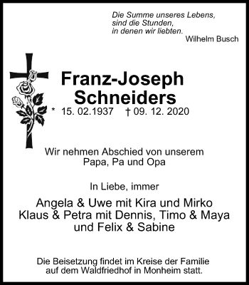 Traueranzeige von Franz-Joseph Schneiders von WVW Anzeigenblätter
