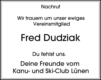 Traueranzeige von Fred Dudziak von WVW Anzeigenblätter