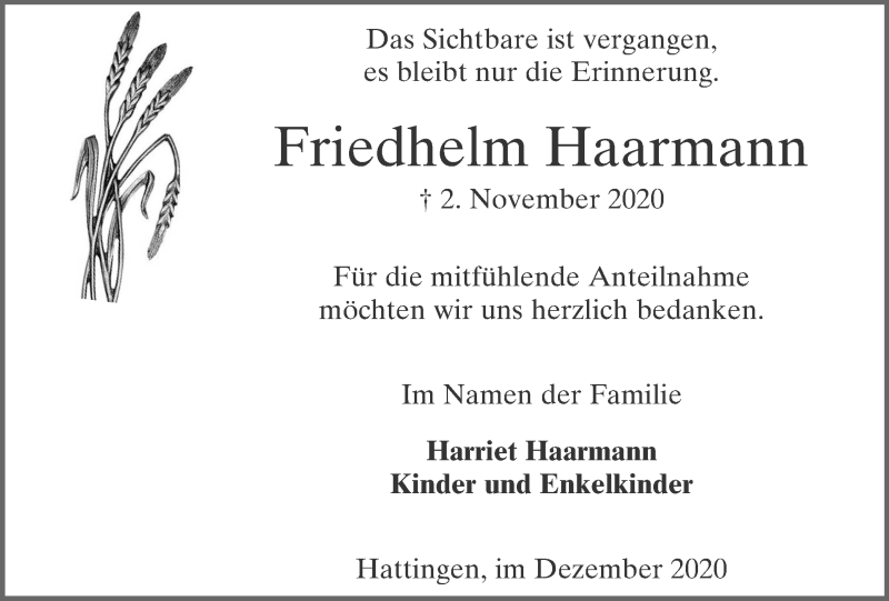  Traueranzeige für Friedhelm Haarmann vom 19.12.2020 aus WVW Anzeigenblätter