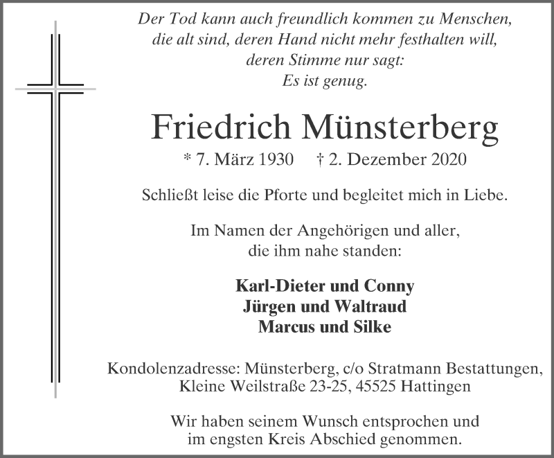  Traueranzeige für Friedrich Münsterberg vom 12.12.2020 aus WVW Anzeigenblätter