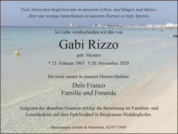 Traueranzeige von Gabi Rizzo von WVW Anzeigenblätter