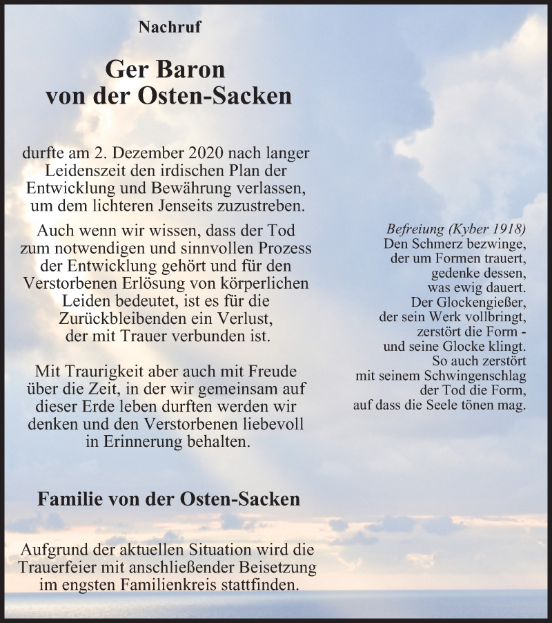  Traueranzeige für Ger Baron von der Osten-Sacken vom 10.12.2020 aus WVW Anzeigenblätter